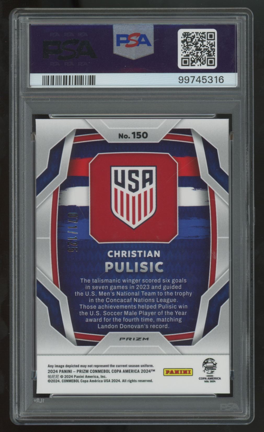 2024 Prizm Copa America Christian Pulisic Red Pulsar /125 #150 PSA 10