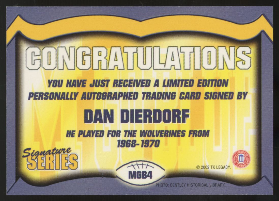 2002 TK Legacy Signature Series Dan Dierdorf Auto #MGB4