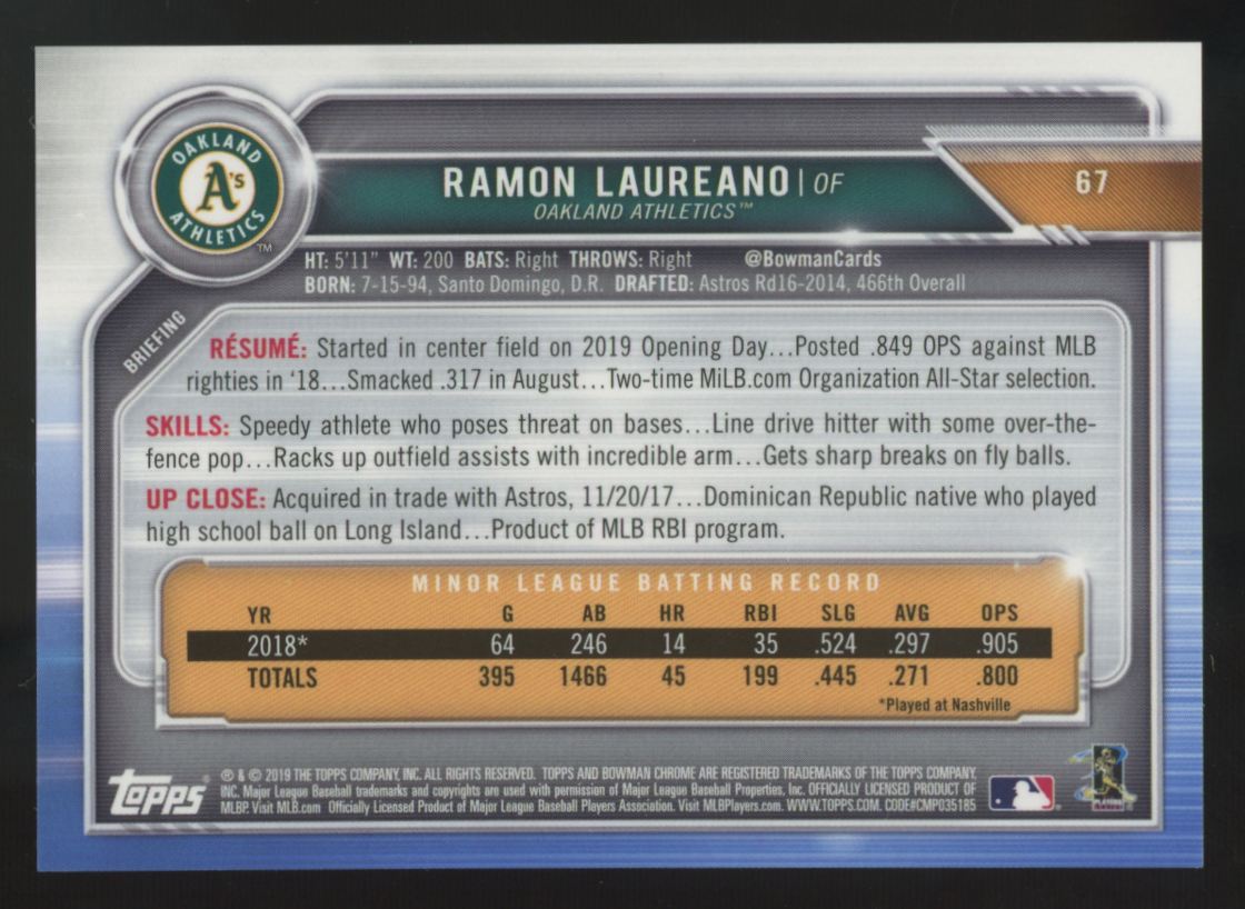 2019 Bowman Chrome Ramon Laureano RC Blue Refractor /150 #67