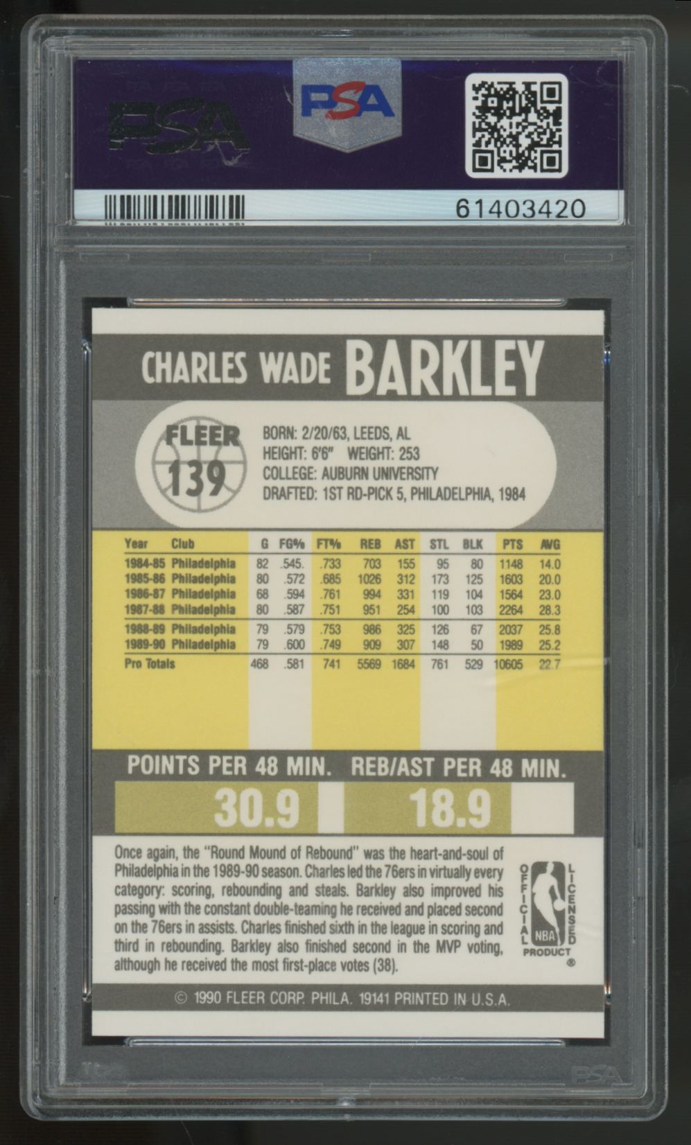 1990-91 Fleer Charles Barkley #139 PSA 9