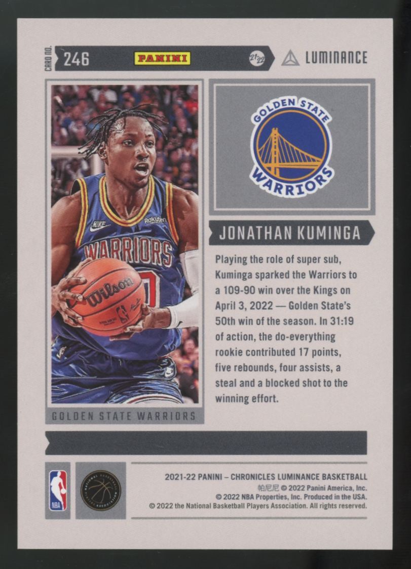 2021-22 Panini Chronicles Luminance Jonathan Kuminga RC Lucky Envelopes /8 #246