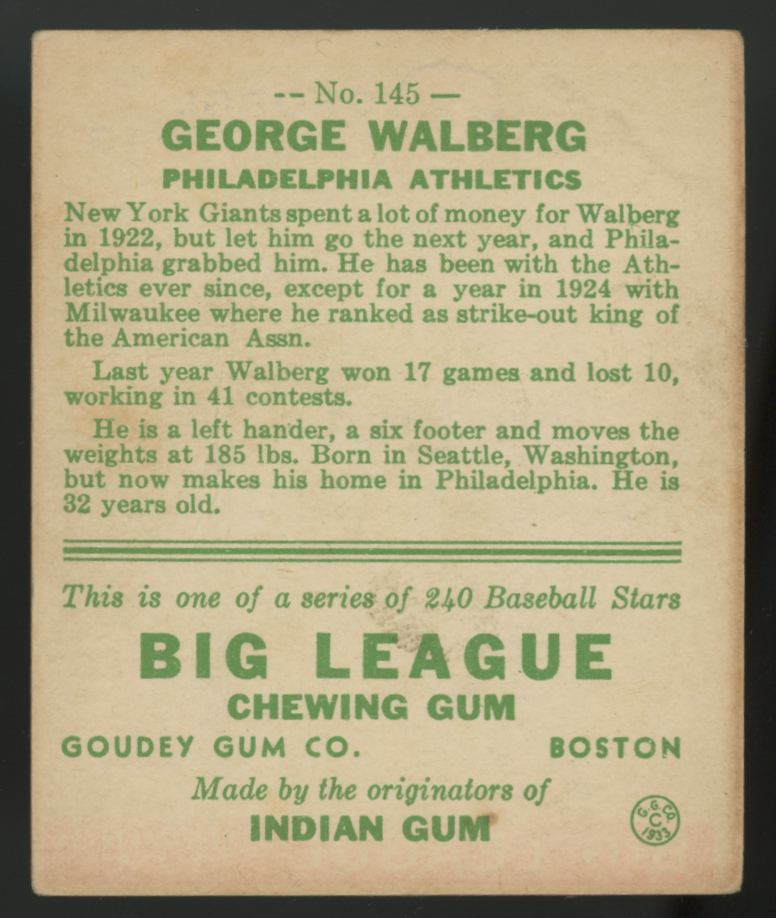 1933 Goudey George Walberg #145 VG-EX