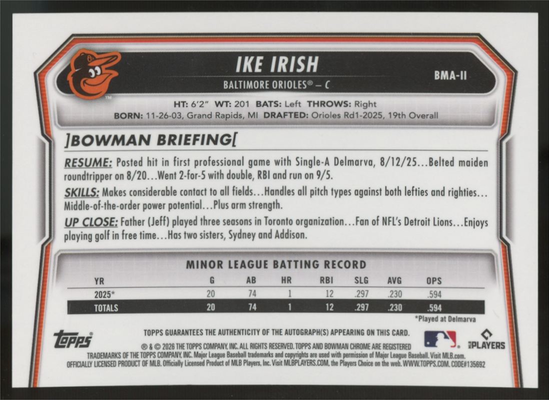 2026 Bowman Mega Ike Irish Prospect Gold Auto /50 #BMA-11