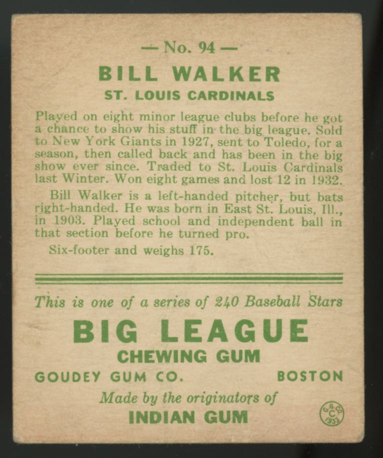 1933 Goudey Bill Walker #94 Good