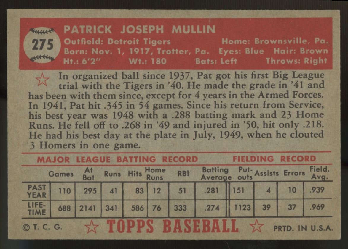 1952 Topps Pat Mullin #275 EX