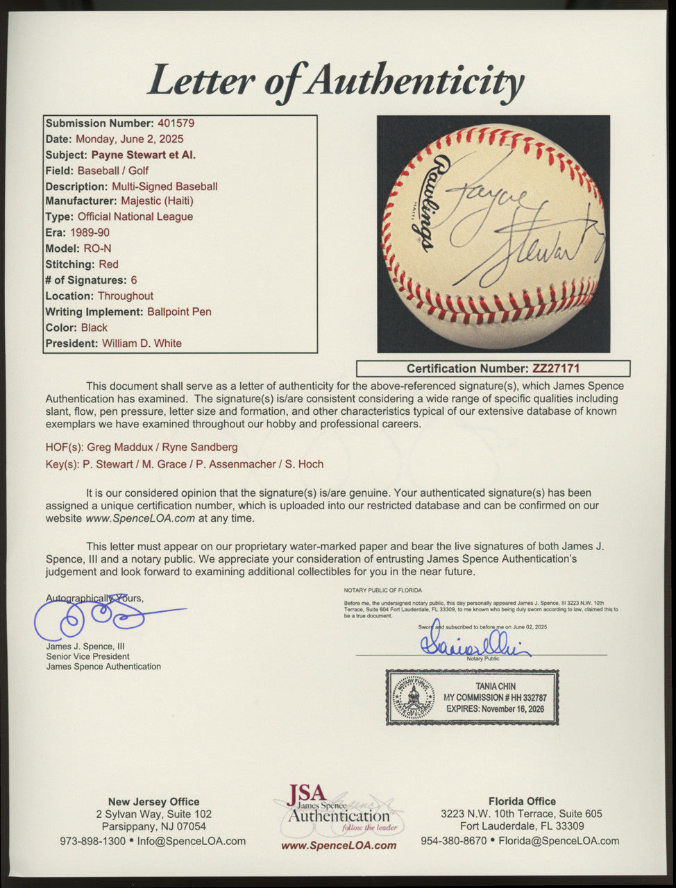 Payne Stewart Maddux Sandberg ++ Signed Autographed Rawlings ONL Baseball JSA