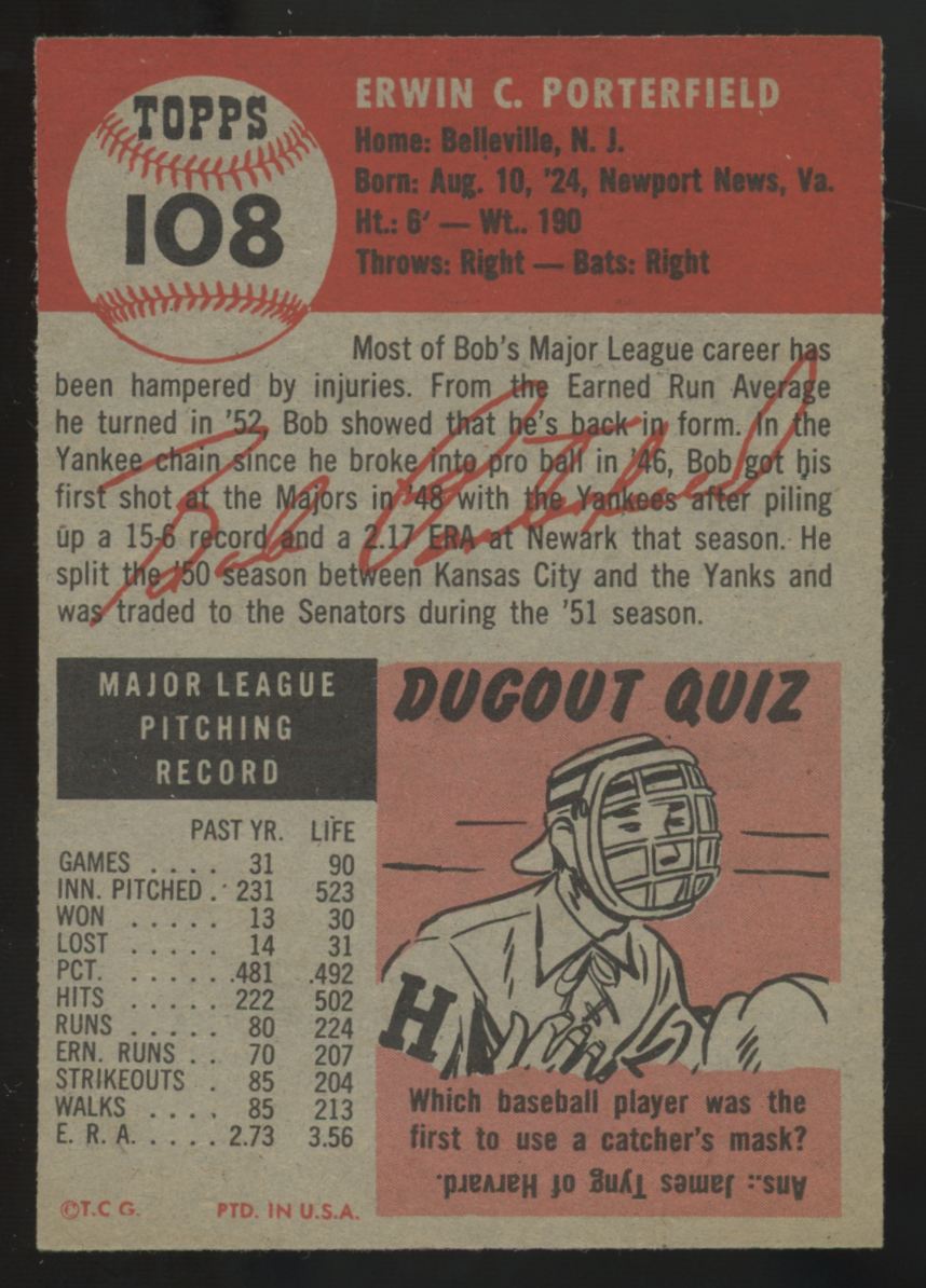 1953 Topps Bob Porterfield #108 EX