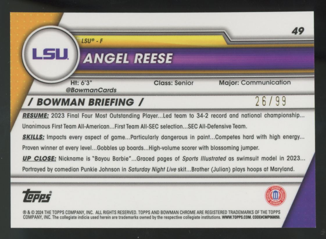 2023-24 Bowman Chrome U Angel Reese 1st Green Shimmer Refractor /99 #49