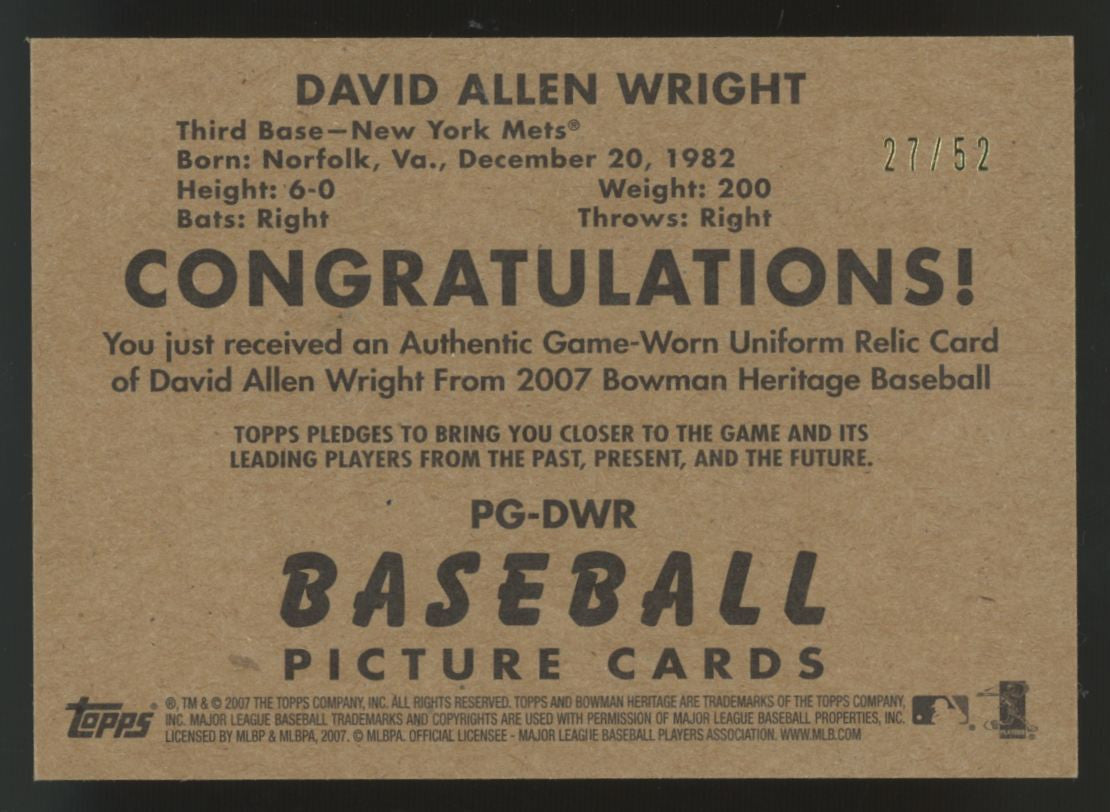 2007 Bowman Heritage David Wright Black Pieces Of Greatness Patch /52 #PG-DWR