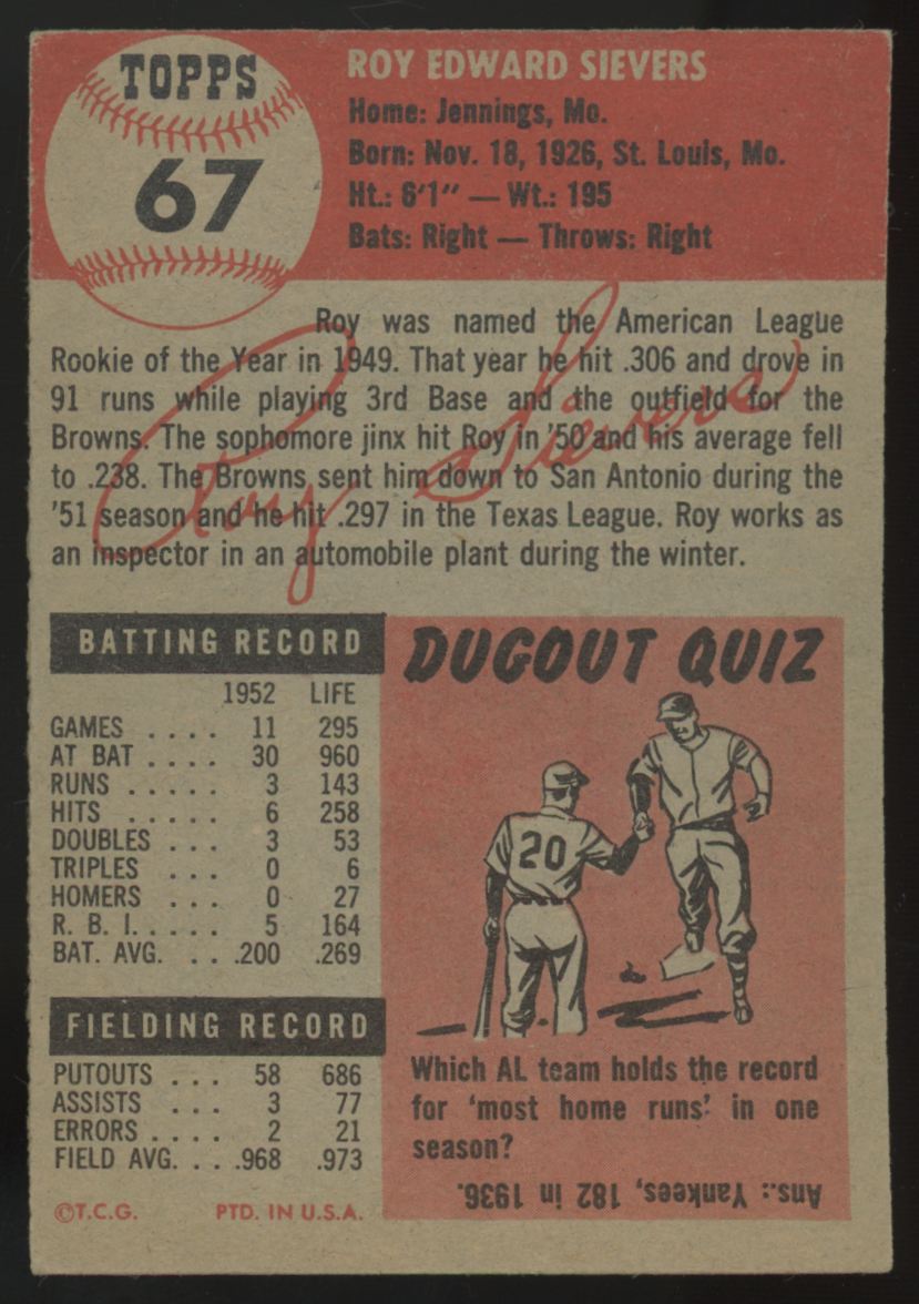 1953 Topps Roy Sievers #67 VG-EX