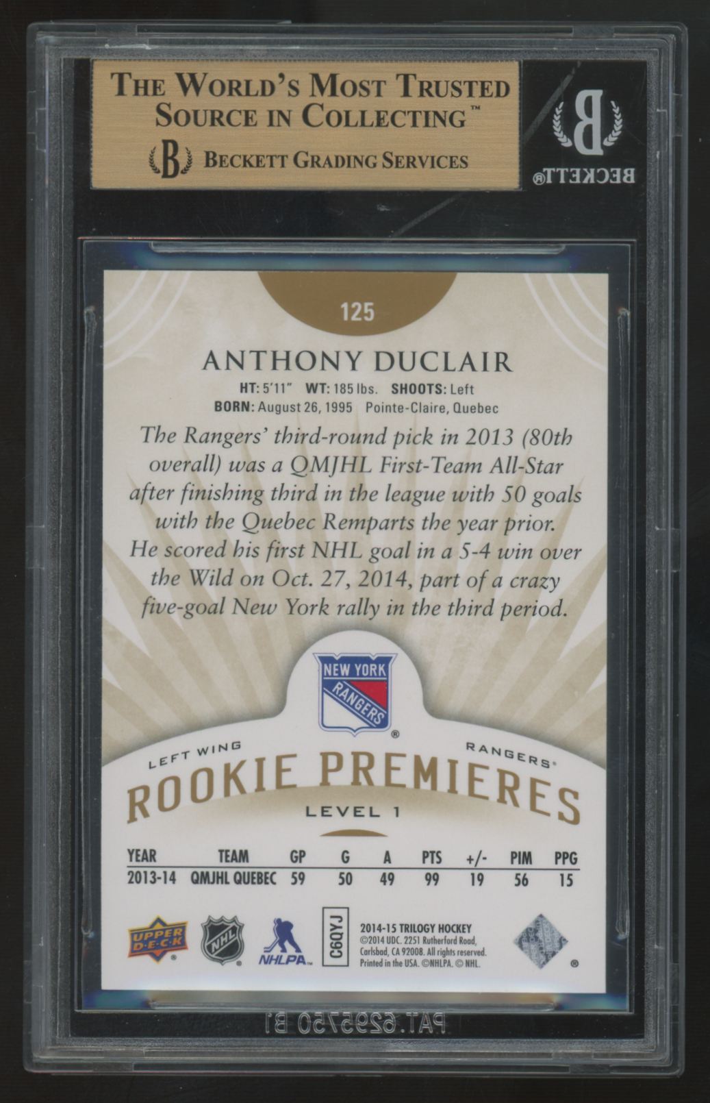 2014-15 Upper Deck Trilogy Anthony Duclair RC Premieres /799 #125 BGS 9.5