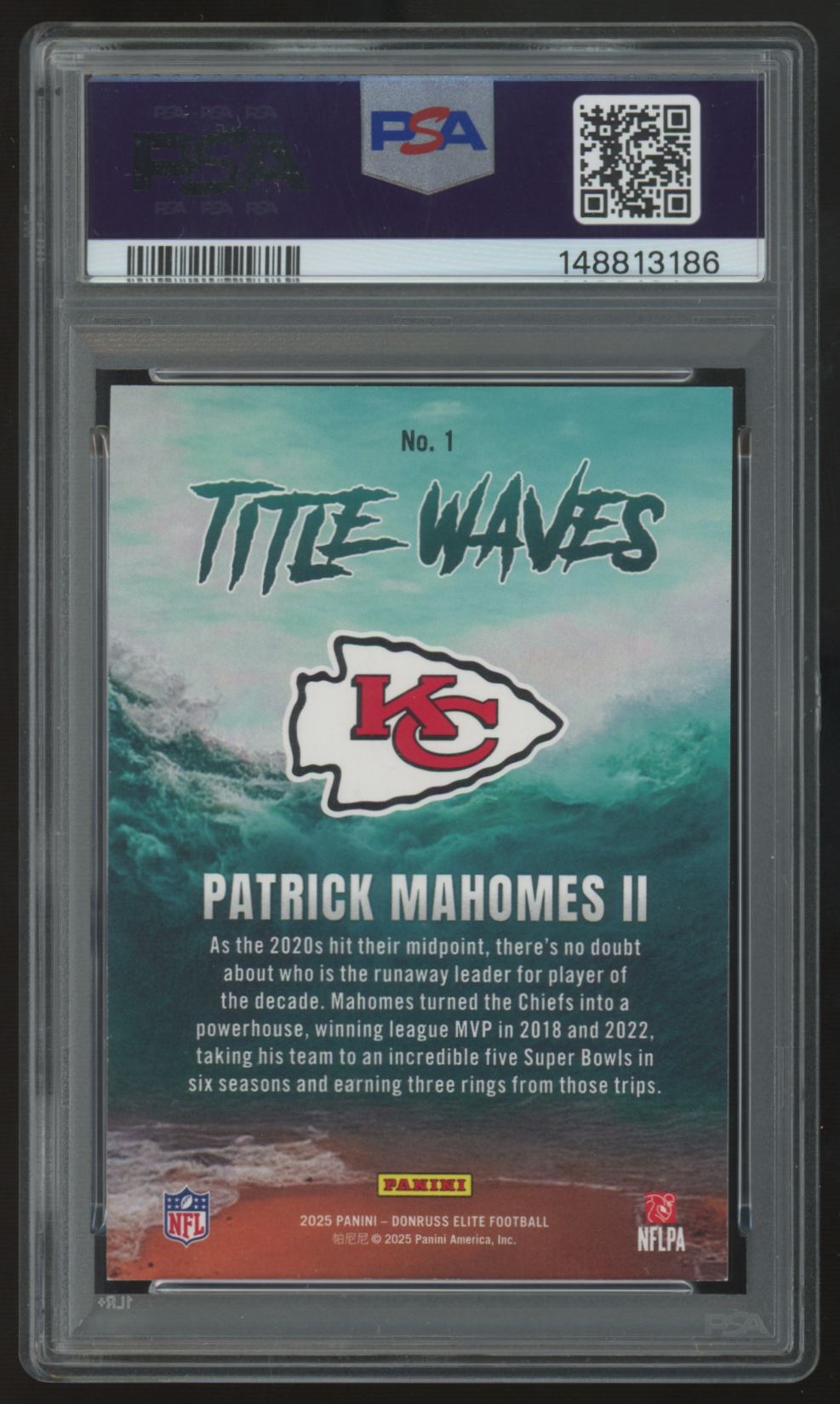 2025 Donruss Elite Patrick Mahomes II Orange Title Waves /199 #1 PSA 9