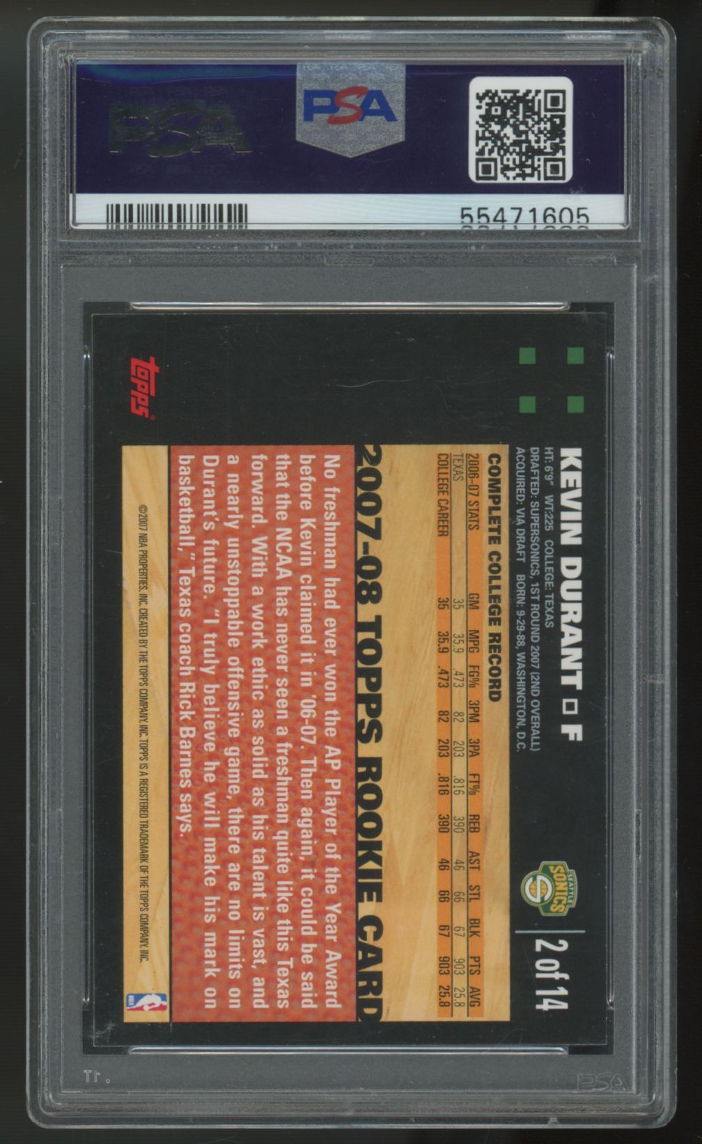2007-08 Topps Kevin Durant RC #2 PSA 9