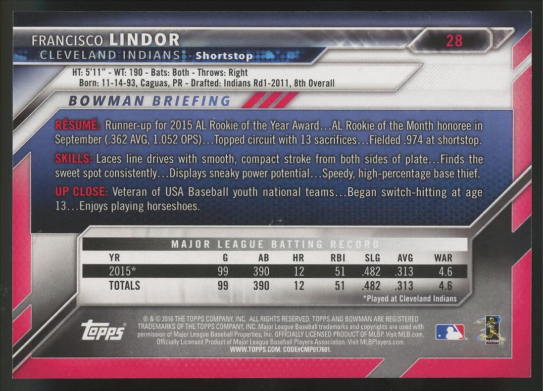 2017 Topps Archives Signature Series Francisco Lindor 2016 Bowman Auto /99 #28