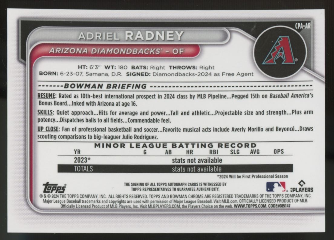 2024 Bowman Chrome Adriel Radney 1st Speckle Refractor Auto /299 #CPA-AR