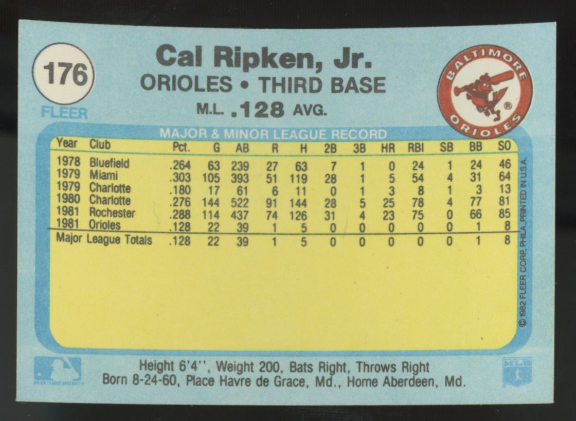 1982 Fleer Cal Ripken Jr. RC #176 NM "A"
