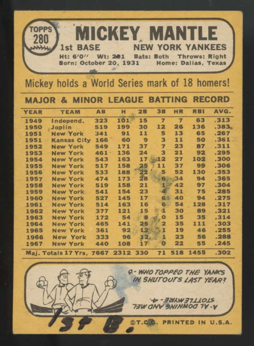 1968 Topps Mickey Mantle #280 Good (MK)