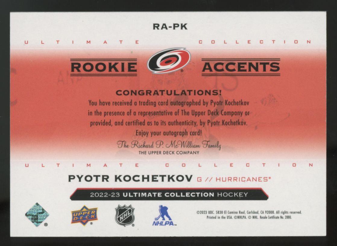 2022-23 UD Ultimate Collection Pyotr Kochetkov RC Rookie Accents Auto /35 #RA-PK