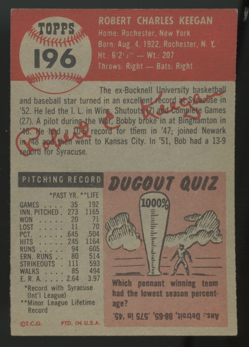 1953 Topps Bob Keegan #196 EX