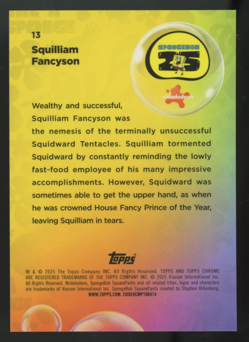 2025 Topps Chrome Spongebob Squilliam Fancyson Nightshift Manager Parallel #13