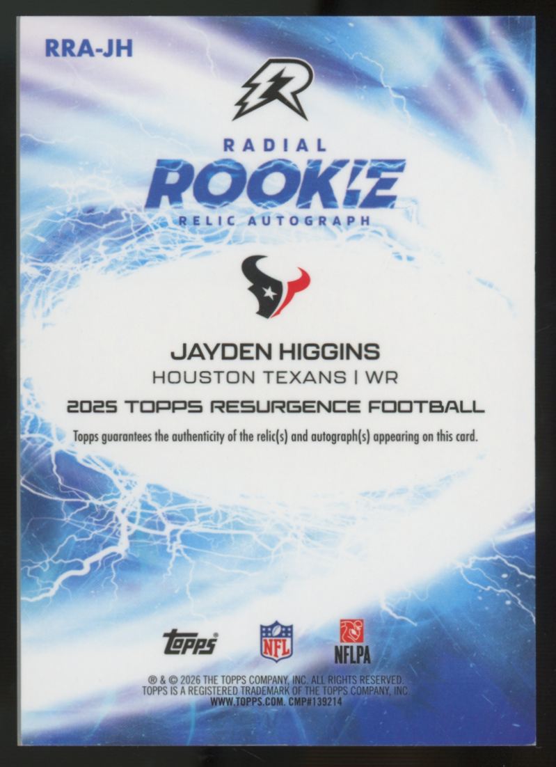 2025 Topps Resurgence Jayden Higgins RC Radial Teal Surge Patch Auto RPA /149