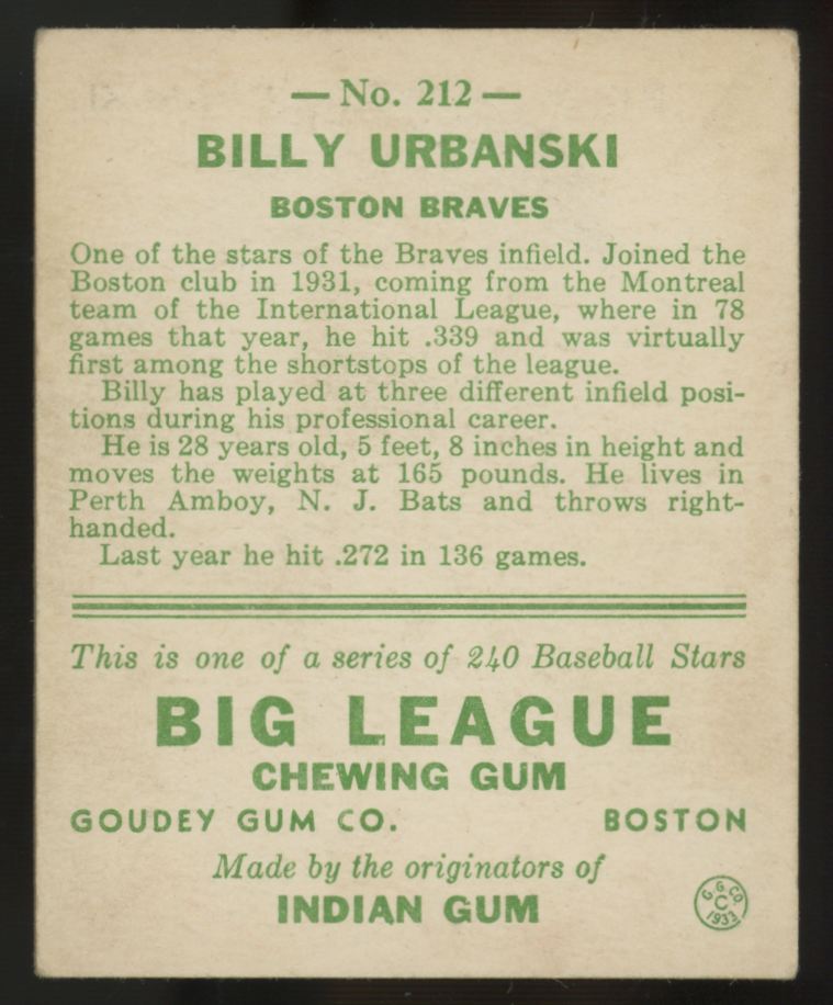 1933 Goudey Billy Urbanski #212 Good