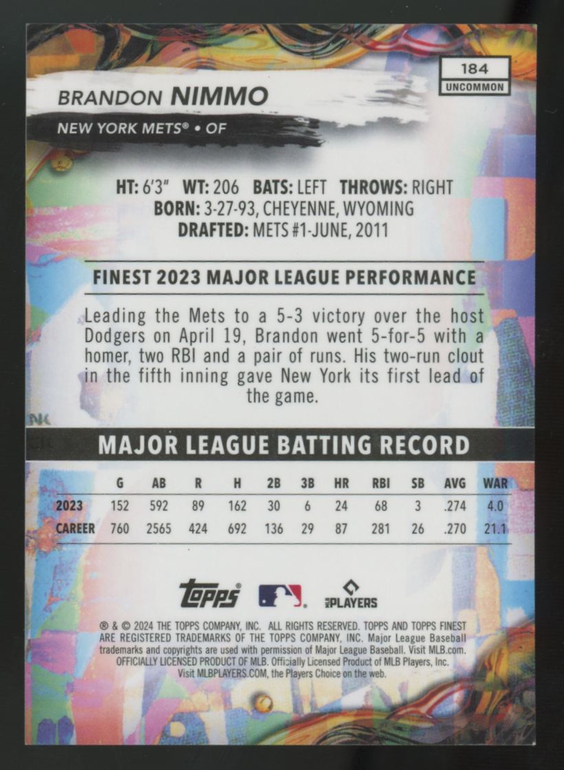 2024 Topps Finest Brandon Nimmo Uncommon Orange Refractor /20 #184