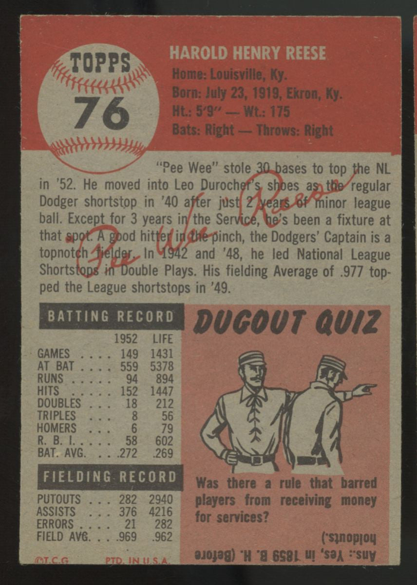 1953 Tops Pee Wee Reese #76 VG/EX-EX