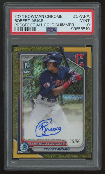 2024 Bowman Chrome Robert Arias 1st Prospect Gold Shimmer Auto /50 #CPA-RA PSA 9