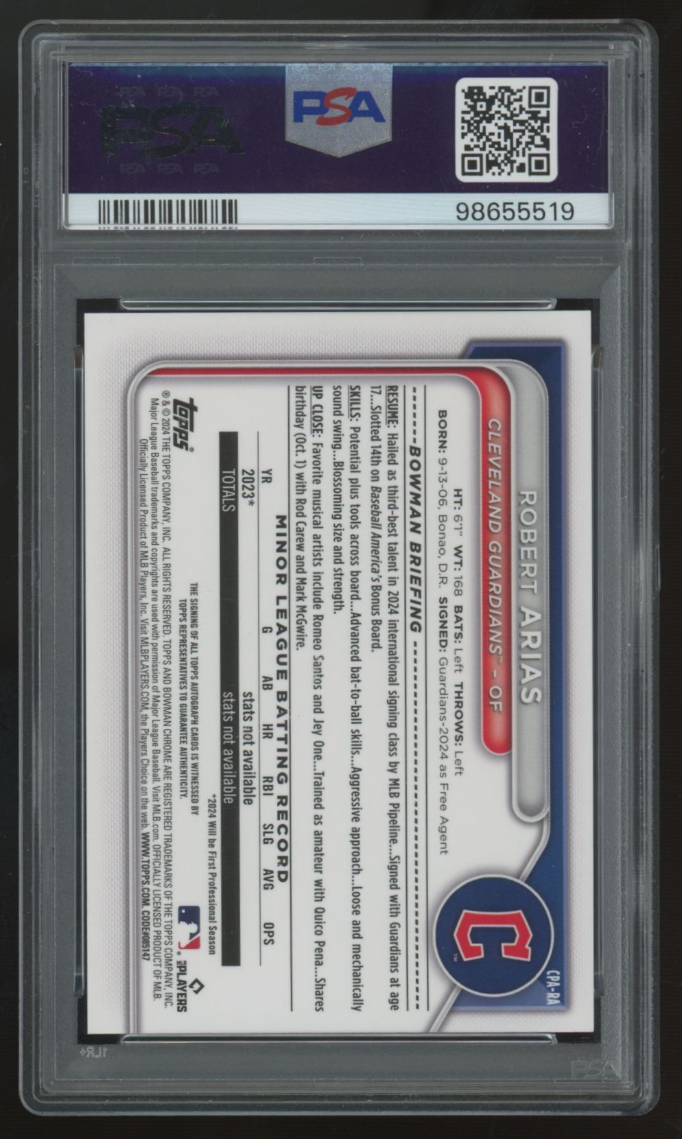 2024 Bowman Chrome Robert Arias 1st Prospect Gold Shimmer Auto /50 #CPA-RA PSA 9