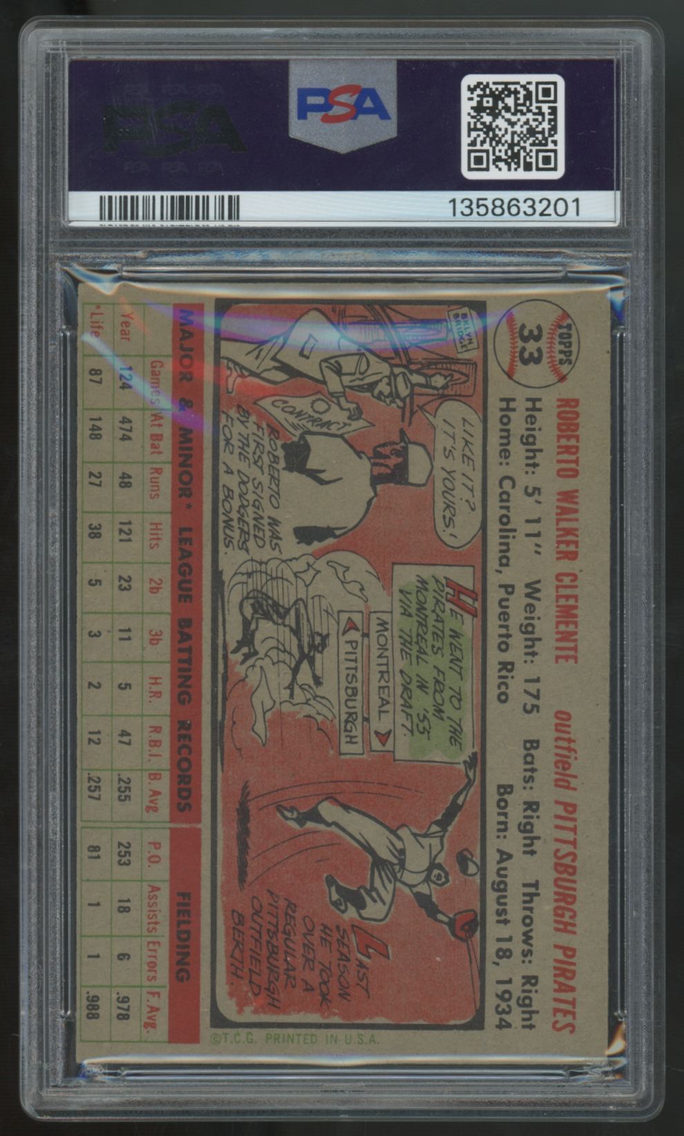 1956 Topps Roberto Clemente Gray Back #33 PSA 4 *201