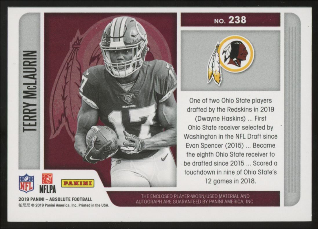 2019 Panini Absolute Terry McLaurin RC Premier Patch Auto RPA /99 #238