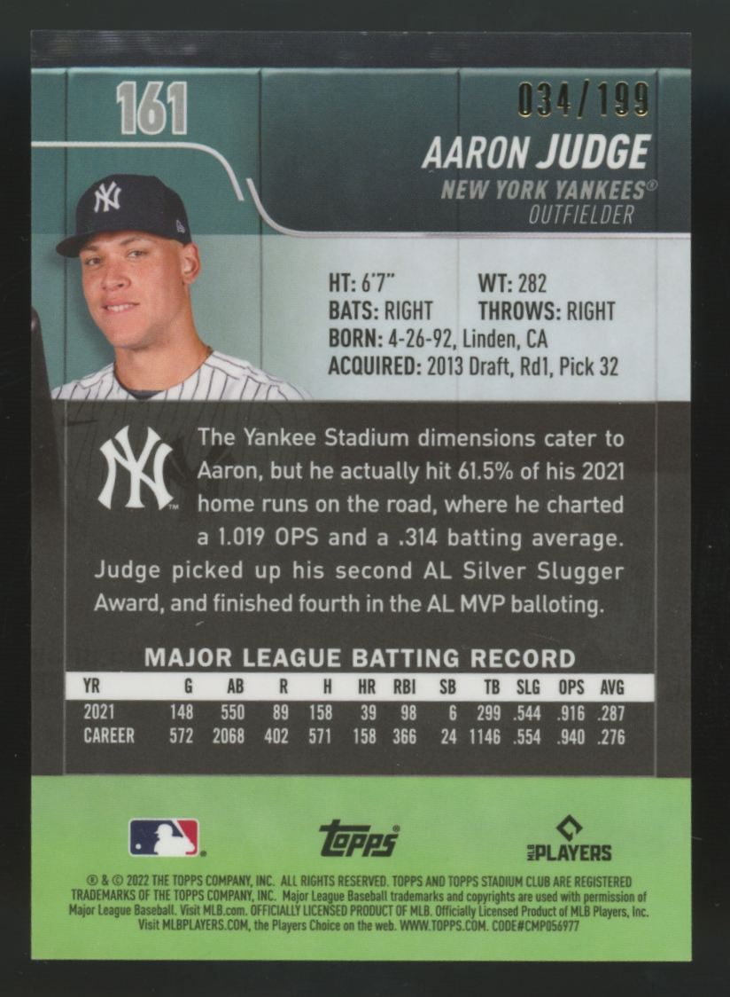 2022 Topps Stadium Club Chrome Aaron Judge Blue Refractor /199 #161