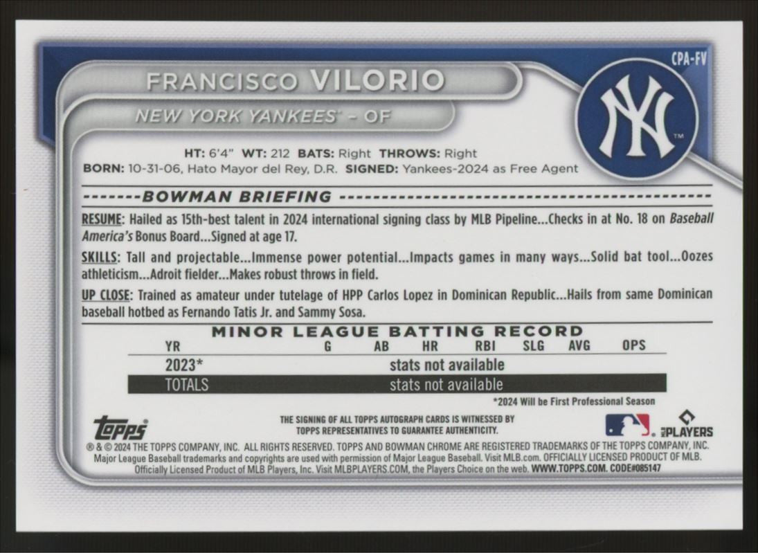 2024 Bowman Chrome Francisco Vilorio 1st Auto #CPA-FV