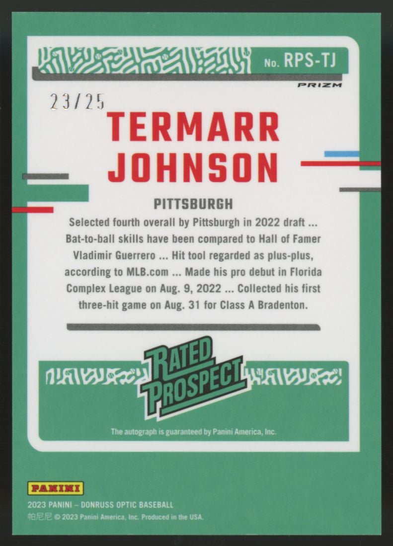 2023 Donruss Optic Termarr Johnson Rated Prospect Auto Purple /25 #RPS-TJ