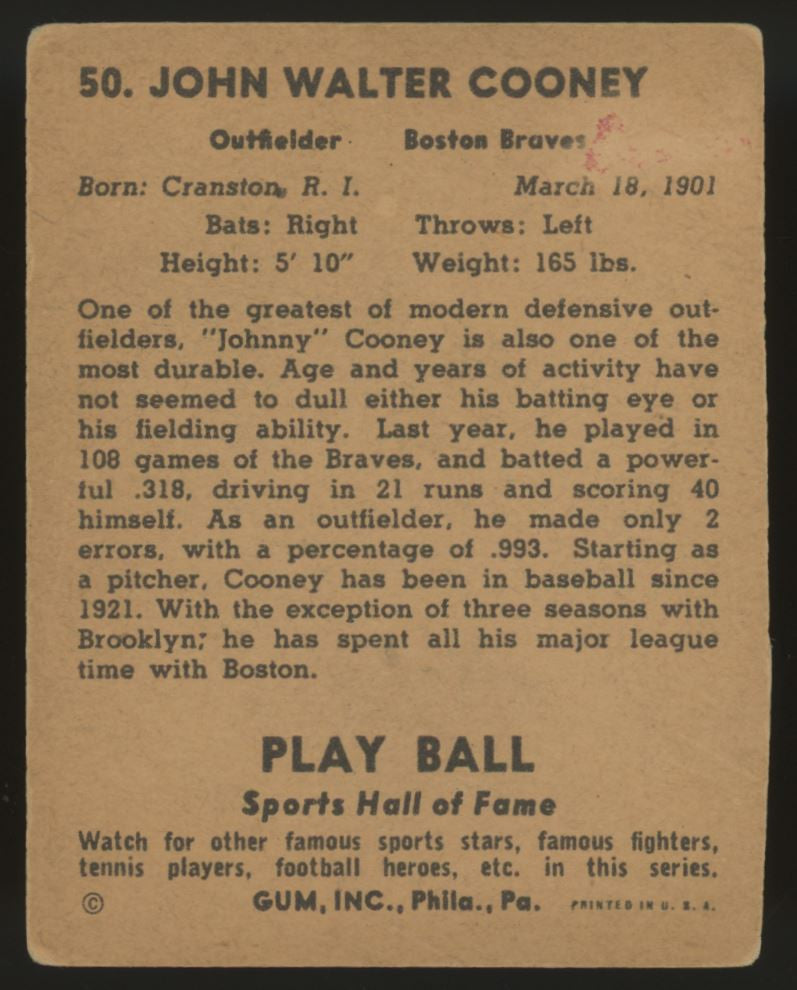 1941 Play Ball Johnny Cooney #50 VG