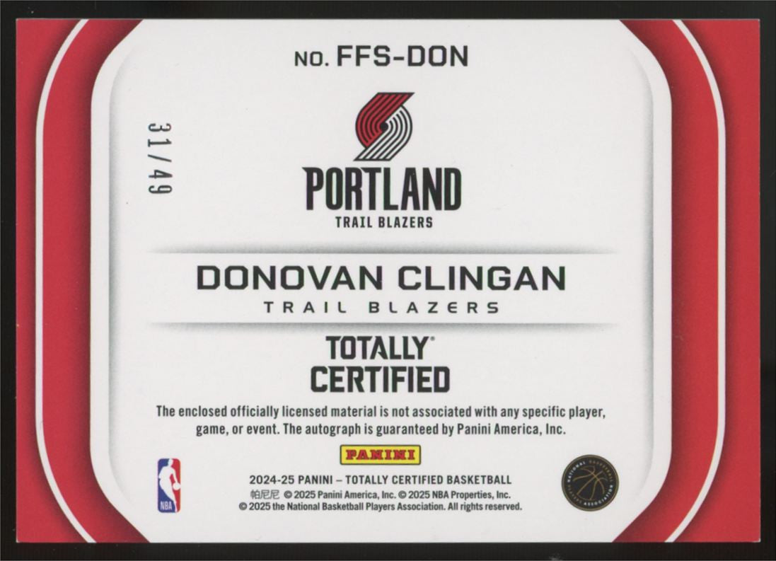 2024-25 Totally Certified Donovan Clingan RC Freshman Fabric Patch Auto RPA /49