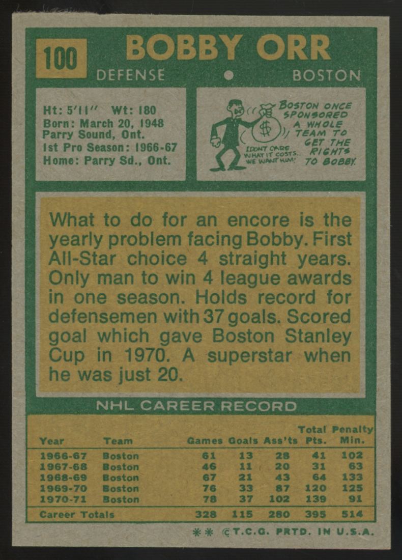 1971-72 Topps Bobby Orr #100 EX "B"