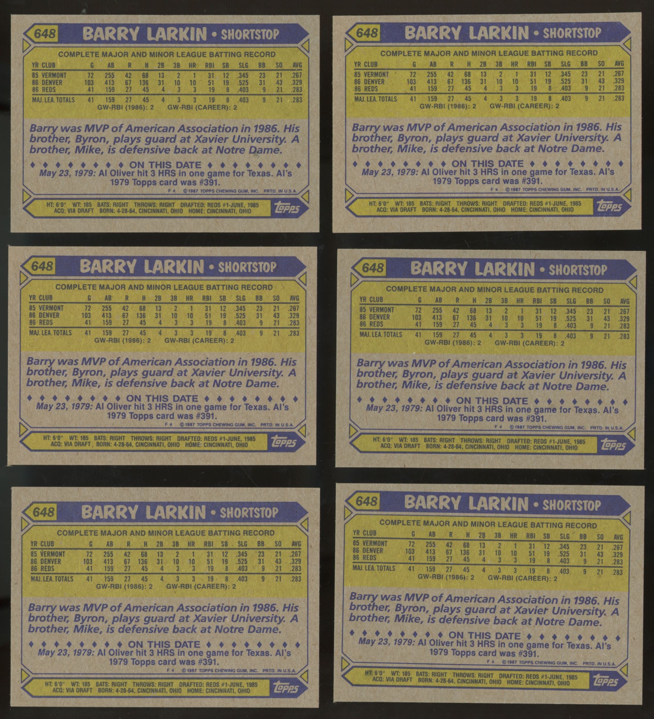 1987 Topps Barry Larkin RC #648 (Lot of 50)