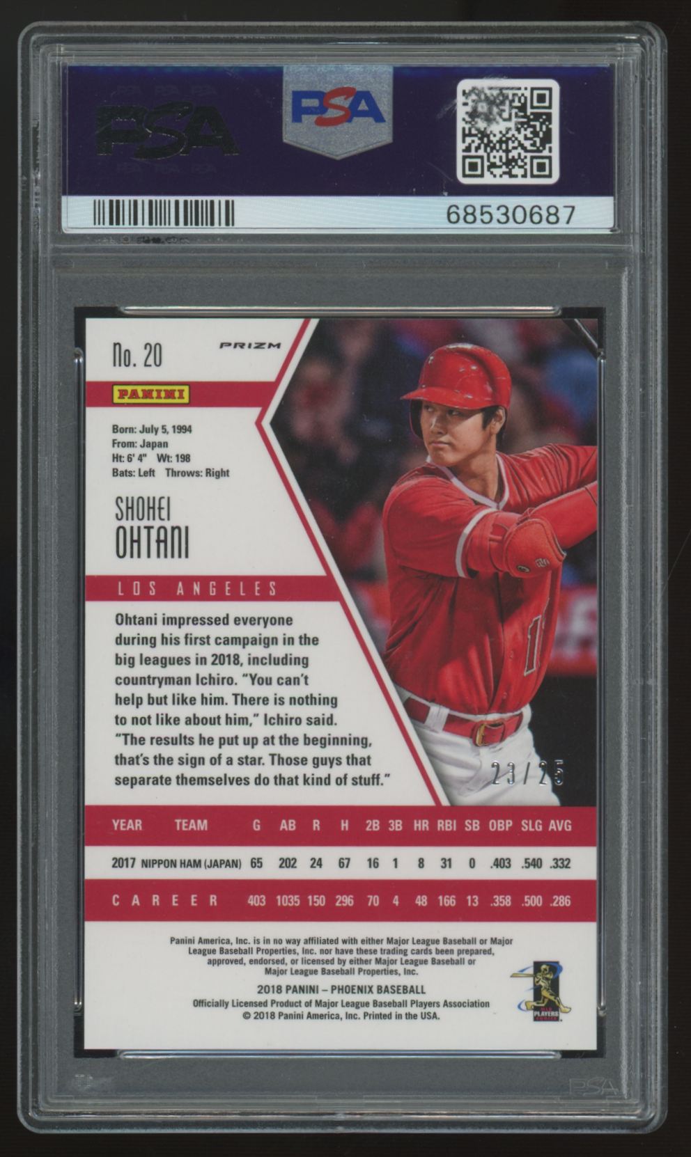 2018 Panini Chronicles Phoenix Shohei Ohtani Black /25 #20 PSA 10