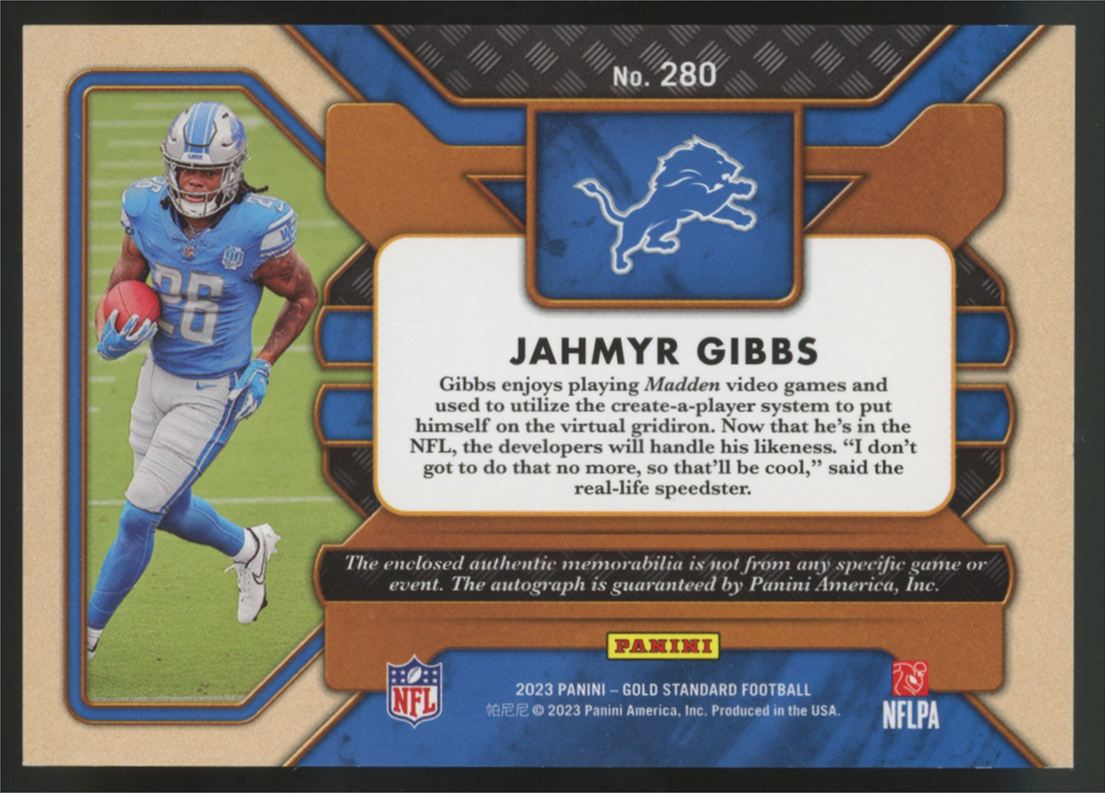 2023 Gold Standard Jahmyr Gibbs RC Triple Patch Auto RPA /149 #280