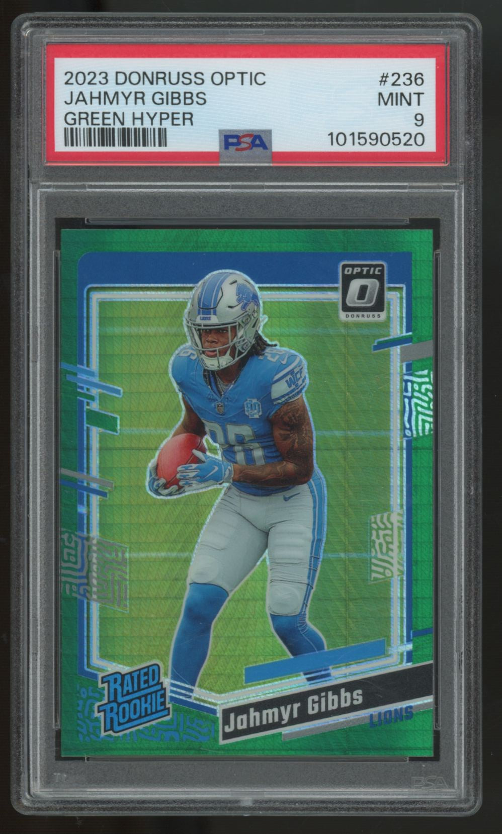2023 Panini Donruss Optic Jahmyr Gibbs RC Rated Rookie Green Hyper #236 PSA 9