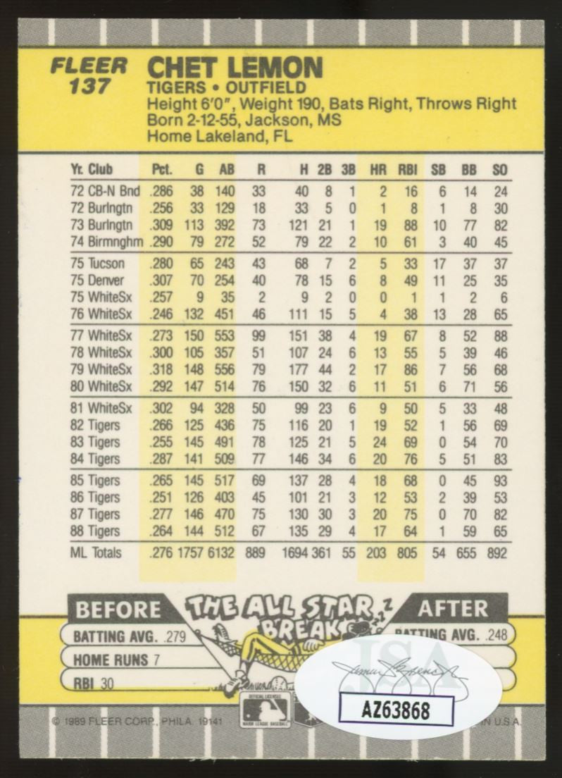 1989 Fleer Chet Lemon #137 Signed Auto JSA
