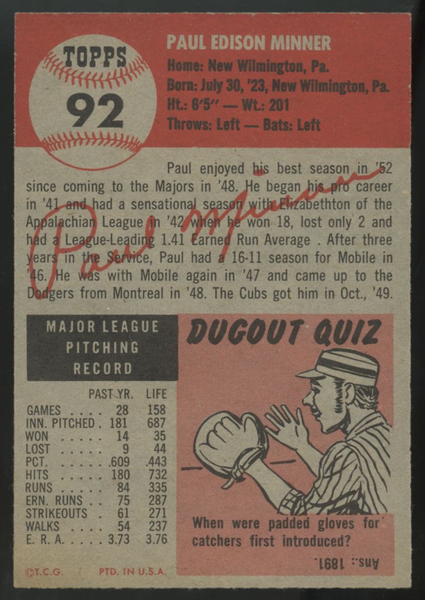 1953 Topps Paul Minner #92 EX