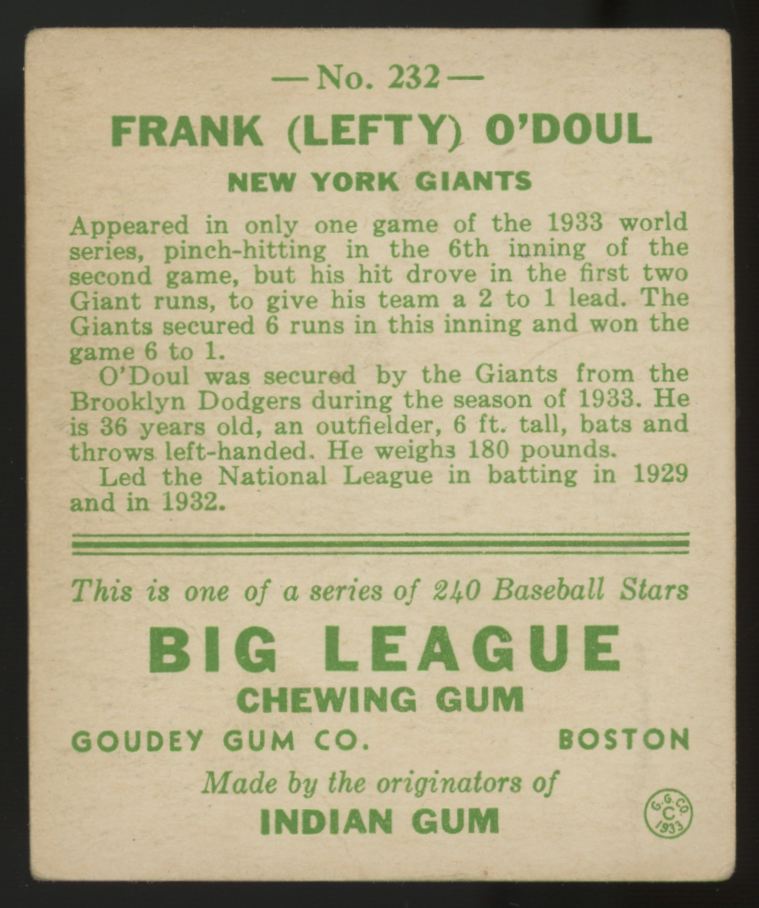 1933 Goudey Frank "Lefty" O'Doul #232 VG-EX