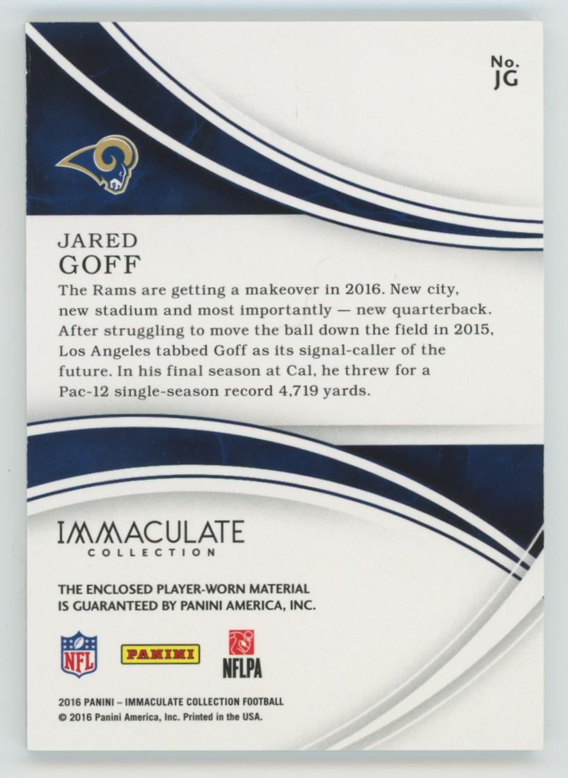 2016 Panini Immaculate Jared Goff RC Cleats Patch /15 #JG