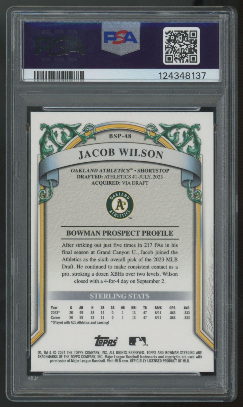 2024 Bowman Sterling Jacob Wilson Prospect Blue Refractor /25 #BSP-48 PSA 9