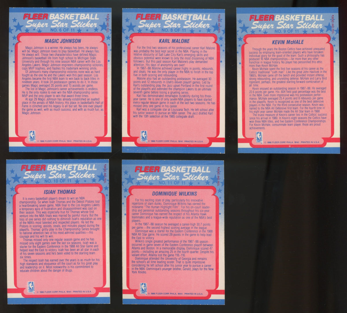 1988-89 Fleer Basketball Stickers Complete Set (11/11) NM