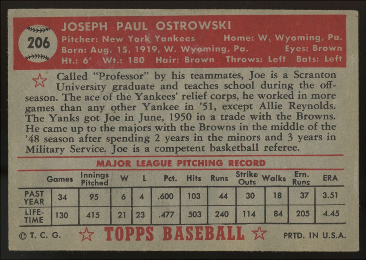 1952 Topps Joe Ostrowski #206 EX+