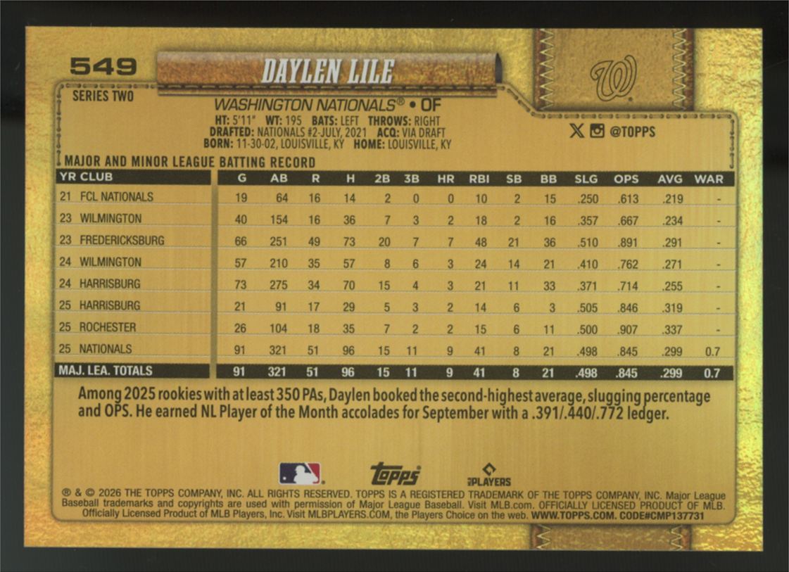 2026 Topps Series Two Daylen Lile Future Stars Golden Mirror SSP #549